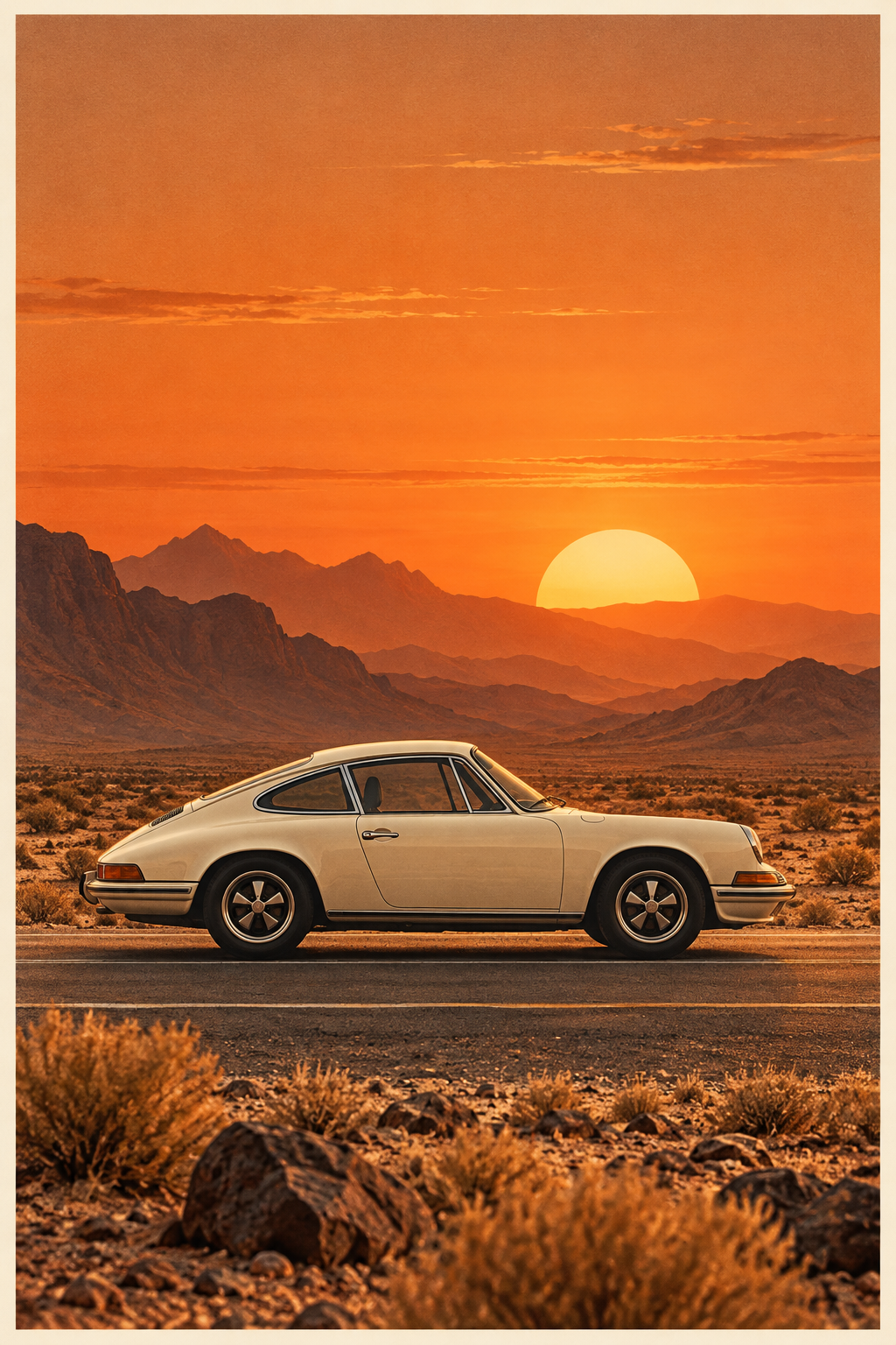 Cream sports coupe at desert sunset poster